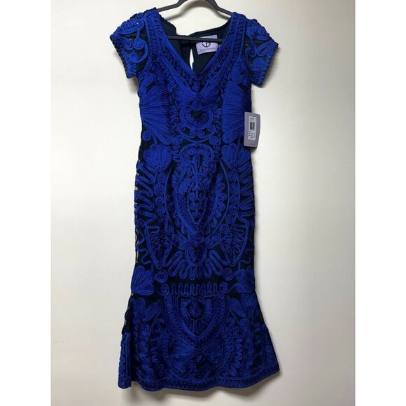 NWT - JS COLLECTIONS Short Sleeve Midi Dress Cobalt Blue/Black Soutache, Sz 2 - Picture 2 of 15